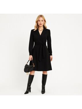 Maison Cinqcent500 black dress true wrap luxury long sleeve waist tie belt Small